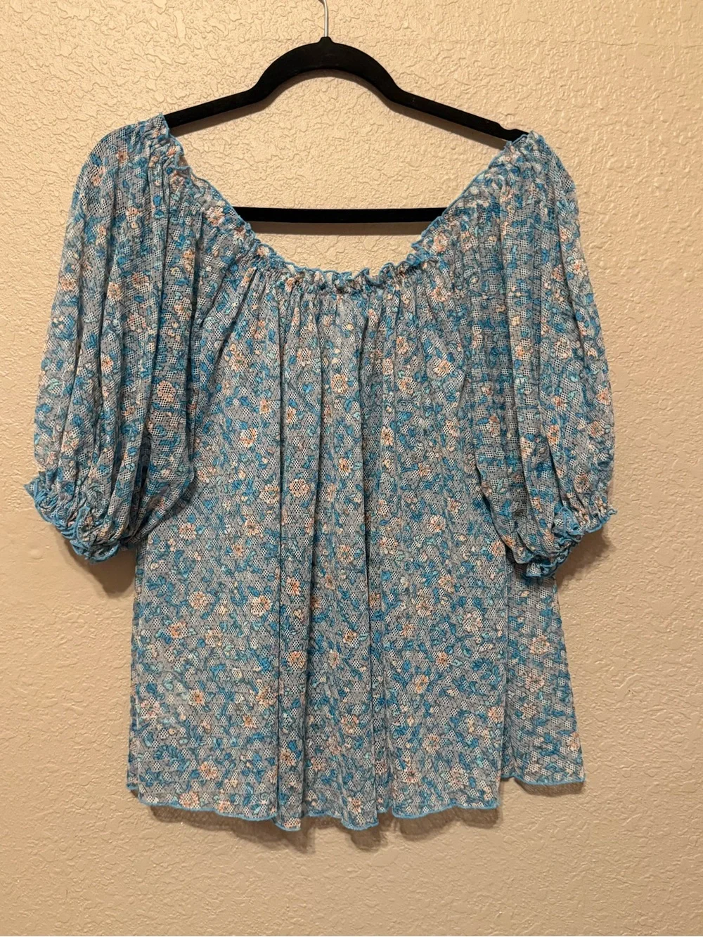 Free People Astra Floral Puff-Sleeve Peasant Top in Light Blue